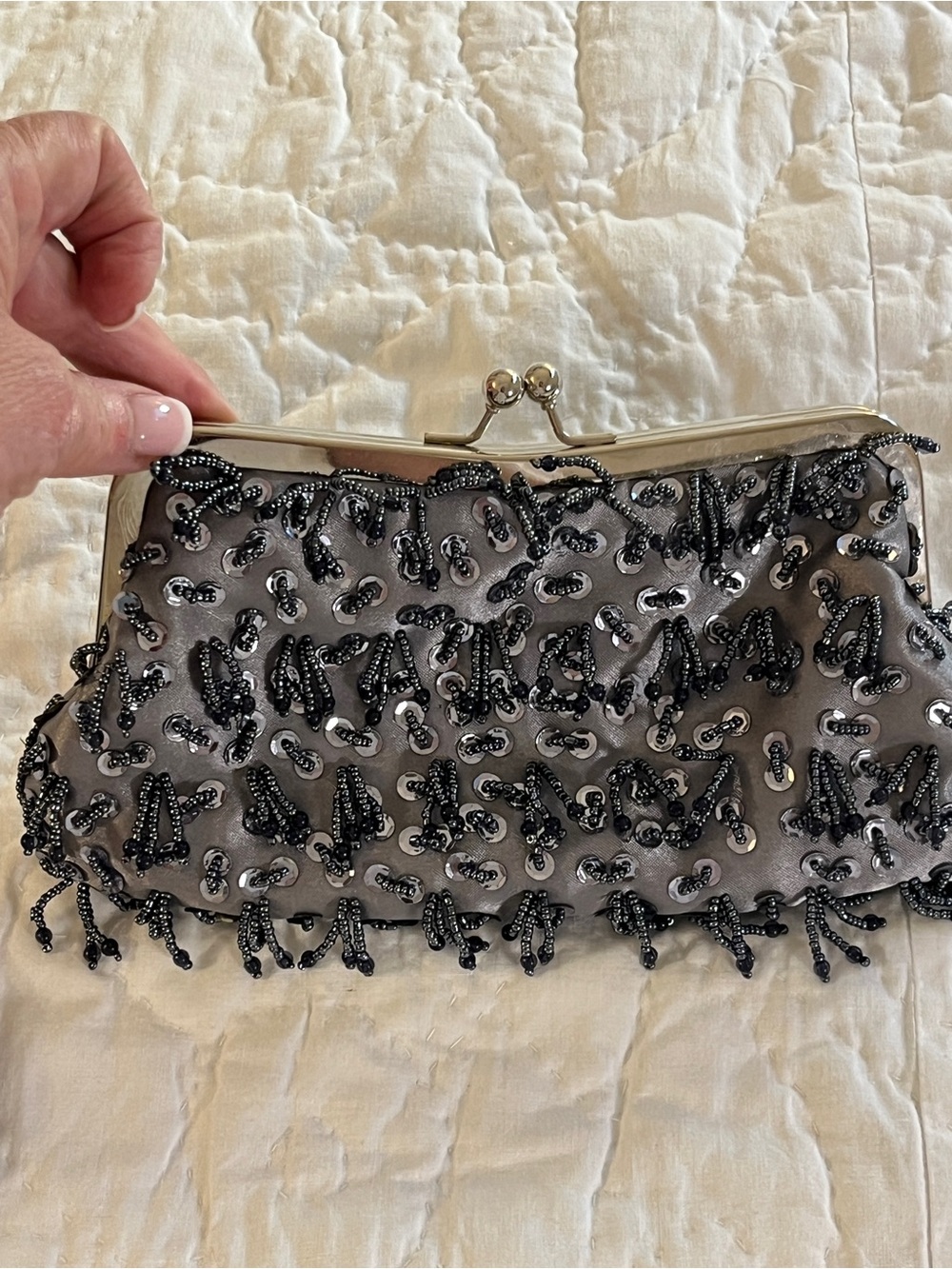 Bijoux Terner Beaded Clutch Label Satin Interior Silver Black Sequin Beads